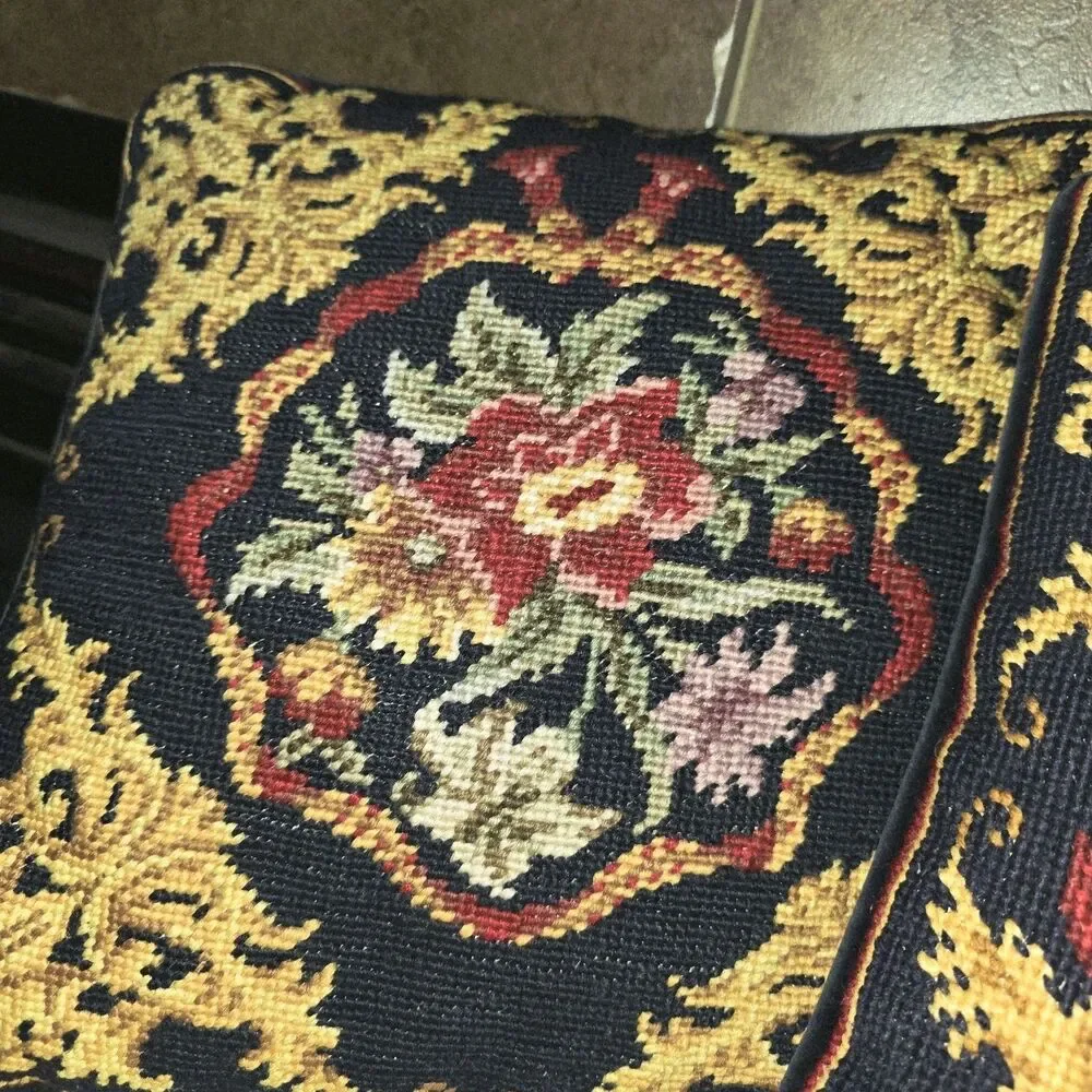 2 Vtg Needlepoint 12x12 Floral Gold Navy Wool Zip Grannycore Sofa Throw Pillows